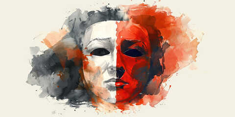 Cognitive Dissonance: The Two-Faced Mask and Conflicted Expression - Picture a two-faced mask with a conflicted expression, illustrating the cognitive dissonance experienced by cult members. - obrazy, fototapety, plakaty