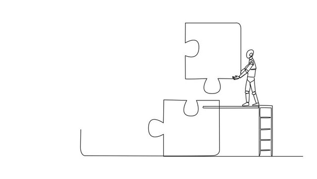 Self drawing animation of a single continuous line drawing two robots teamwork to put together a square puzzle, one of them climbs a ladder holding up a piece of the puzzle. Full length animated