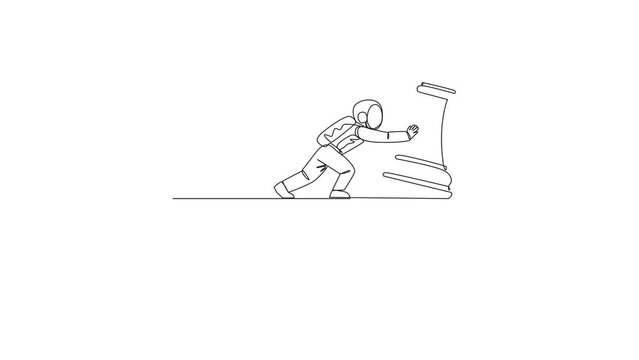 Self drawing animation of single one line drawing astronaut pushes giant chess piece of king over the edge of a cliff. Lost leader during an expedition on the lunar surface. Full length animated