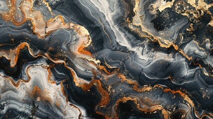 Abstract marbled pattern with swirls of black, white, and gold colors