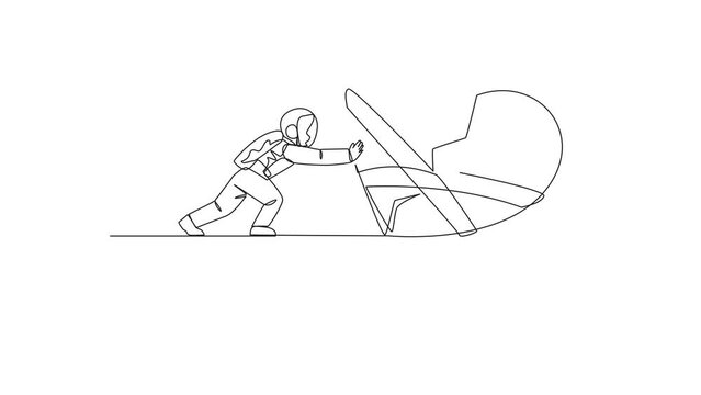 Self drawing animation of single continuous line drawing astronaut pushing broken heart from the edge of the abyss. Regardless injuries, teamwork is paramount during expeditions. Full length animated