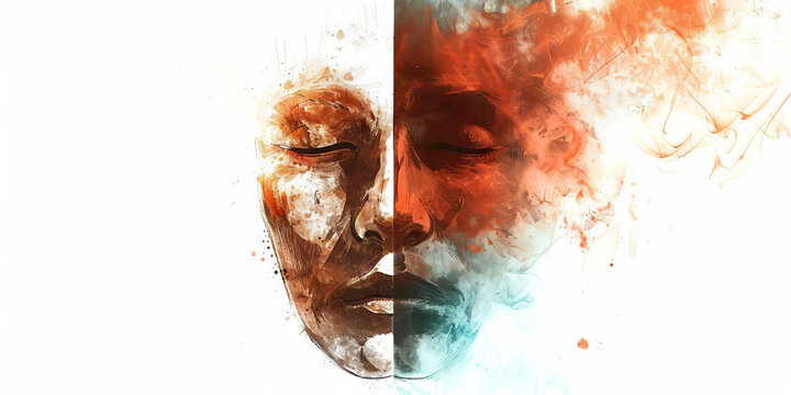 Cognitive Dissonance: The Two-Faced Mask and Conflicted Expression - Picture a two-faced mask with a conflicted expression, illustrating the cognitive dissonance experienced by cult members.
