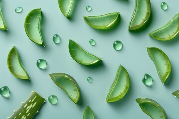 sliced aloe slices in green color aloe gel, flat lay, body and skin care concept - generative ai