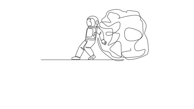 Self drawing animation of continuous one line drawing astronaut pushed giant tangled circle down with his back from the edge of the cliff. Eliminate anxiety and stress to focus. Full length animated