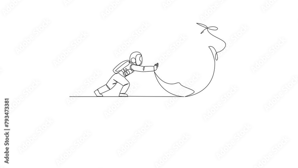 Poster animated self drawing of a single one line drawing astronaut push a large bomb with a burning fuse o