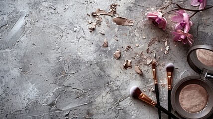 Makeup brushes and broken powder on textured surface with orchid flowers