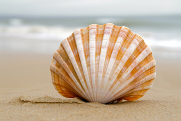 Orange and white striped seashell on the sandy beach