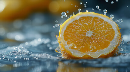 Lemon slice drop in fizzy sparkling water, juice refreshment. 