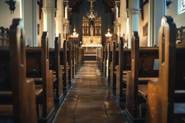 Inside of an old empty church with wooden pews - obrazy, fototapety, plakaty