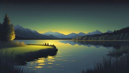 Fototapeta na wymiar A painting of Lake and Mountain Landscape. 