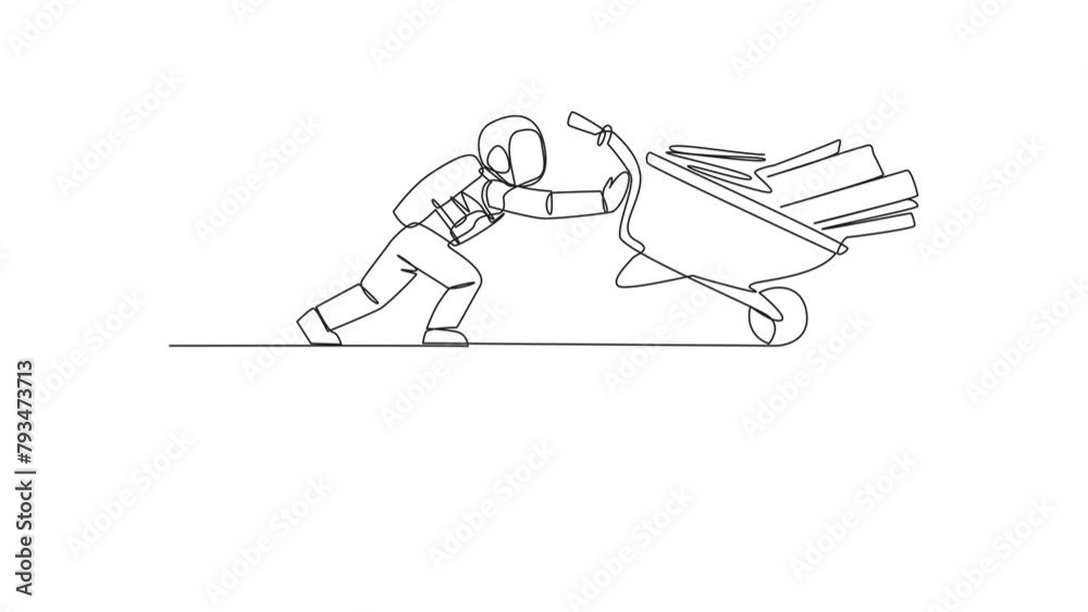 Poster animated self drawing of single continuous line drawing astronauts push wheelbarrow filled with stac
