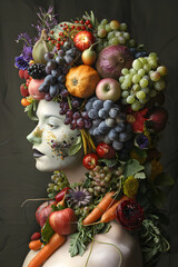 Woman balancing an array of natural foods and plantbased superfoods on her head