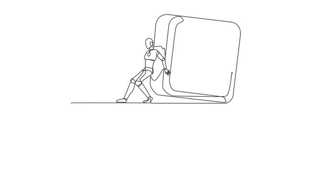 Animated self drawing of single one line drawing The robot pushes a large safe deposit box down on its back from the edge of a cliff. Test feasibility of depository. Full length single line animation
