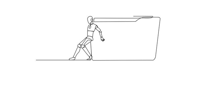Self drawing animation of continuous one line drawing robot pushes a large folder down on its back from the edge of cliff. Smart robot creation archive. Future technology concept. Full length animated