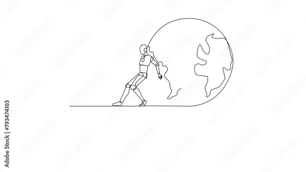 Poster self drawing animation of single continuous line drawing robot pushes a large globe down on its back