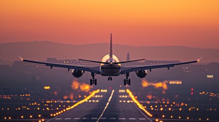 A large jetliner taking off from an airport runway at sunset or dawn with the landing gear down and the landing gear down, as the plane is about to take off. from behind