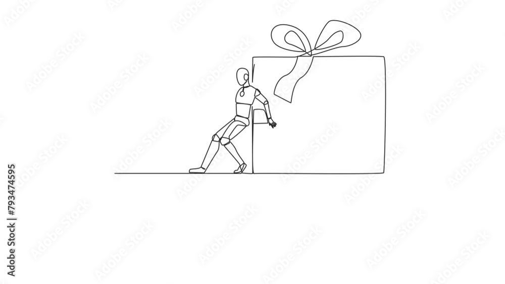 Poster animation of single continuous line drawing robot pushes the large gift box down with its back from 