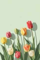 Colorful tulips on light green background, minimalistic design for Women's Day card.