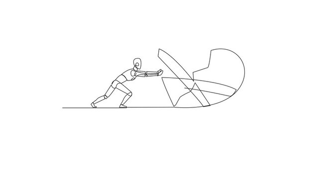 Animated self drawing of single continuous line drawing robot pushes the symbol of giant broken heart from the edge of cliff. Throw away broken hearts. No grudges. Full length single line animation