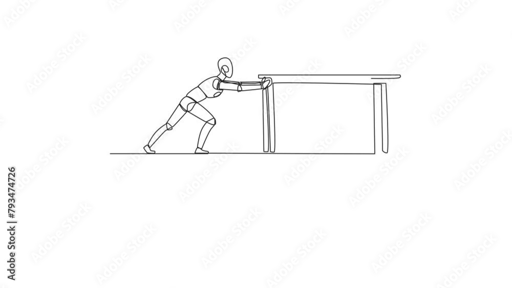 Poster animation of continuous one line drawing robot pushes down a table containing a laptop and monitor f