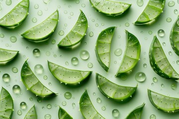 sliced aloe slices in green color aloe gel, flat lay, body and skin care concept - generative ai