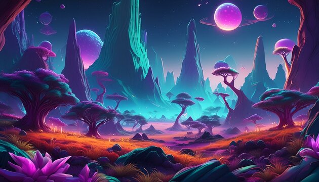  a surreal alien landscape with bizarre rock formations, bioluminescent plants, and strange creatures roaming the otherworldly terrain."