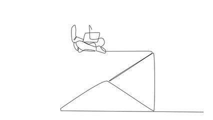 Animation of single continuous line drawing young astronaut sitting on giant email typing laptop. Send invitations to meet online with the team on earth discussing expedition. Full length motion