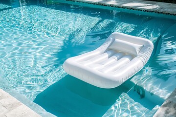 Over the surface of a pool's blue hue water a white inflatable recliner floats with sun light bounces off of it calming and space, Generative AI. - obrazy, fototapety, plakaty