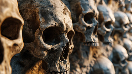 Row of Aged Human Skulls in Dramatic Lighting

