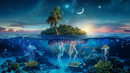 Tropical Island with coconut trees and jellyfishes and corals under clear water of the sea in night with crescent moon and stars in the dramatic sky, half under water view, summer holiday theme.