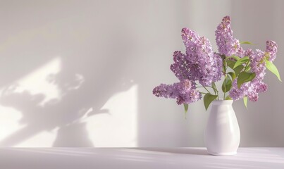 interior styling : Lilac Flowers in White Vase Against White Wall with natural light 