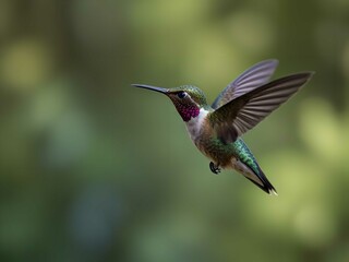Fototapeta premium Flying hummingbird with green forest