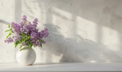 Fototapeta premium interior styling : Lilac Flowers in White Vase Against White Wall with natural light 