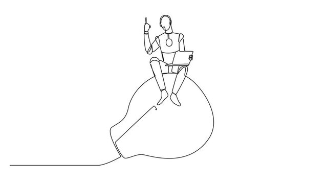 Self drawing animation of single one line drawing robotic artificial intelligence sitting on giant lightbulb holding laptop raise one hand. Future technology development concept. Full length animated