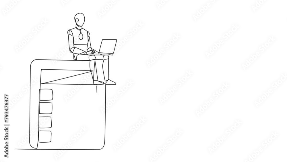 Poster self drawing animation of continuous one line drawing of robotic artificial intelligence sitting on 