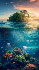 Tropical Island with coconut trees and jellyfishes and corals under clear water of the sea in sunset with dramatic sky, half under water view, summer holiday theme. 