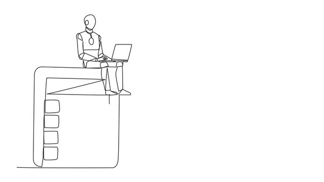 Self drawing animation of continuous one line drawing of robotic artificial intelligence sitting on a giant calculator typing on a laptop. Robot analyzes financial technology. Full length animated