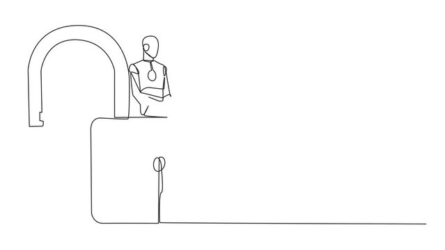 Animation of single continuous line drawing robotic artificial intelligence sitting on big open padlock typing laptop. Hacker robots hack multiple accounts for abuse. Criminal. Full length motion