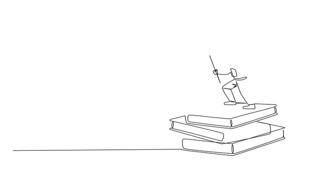 Self drawing of young astronaut standing on stack of giant books holding fluttering flag. Collect scientific journals as a guide during space expeditions. Single line draw animation