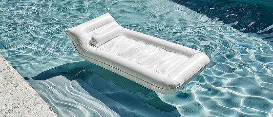 Over the surface of a pool's blue hue water a white inflatable recliner floats with sun light bounces off of it calming and space, Generative AI.