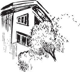 A house with tree ink sketch. House close up vector drawing. House roof sketch.