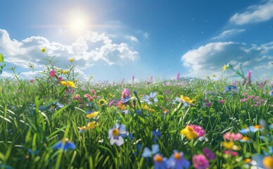 Obraz premium Enchanting Wildflower Meadow: Vibrant Colors Under Blue Sky