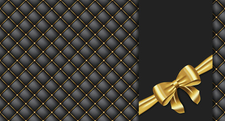 Greeting card with golden bow. Quilted background with bow. Realistic gold bow. Background or greeting card