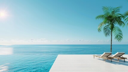 Fototapeta na wymiar Infinity pool with two sun loungers overlooking ocean under clear blue sky