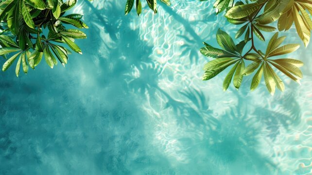 Sunlight filters through tropical leaves into clear blue water with ripples and reflections