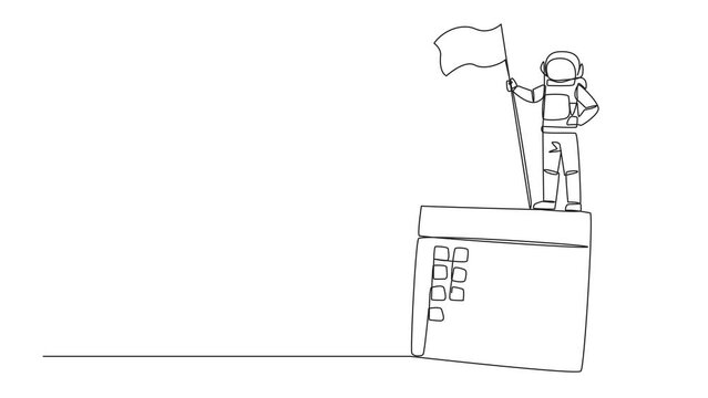 Animation of a single one line drawing young energetic astronaut standing on a big desk calendar holding the fluttering flag. Planning his next expedition into space. Cosmonaut. Full length motion