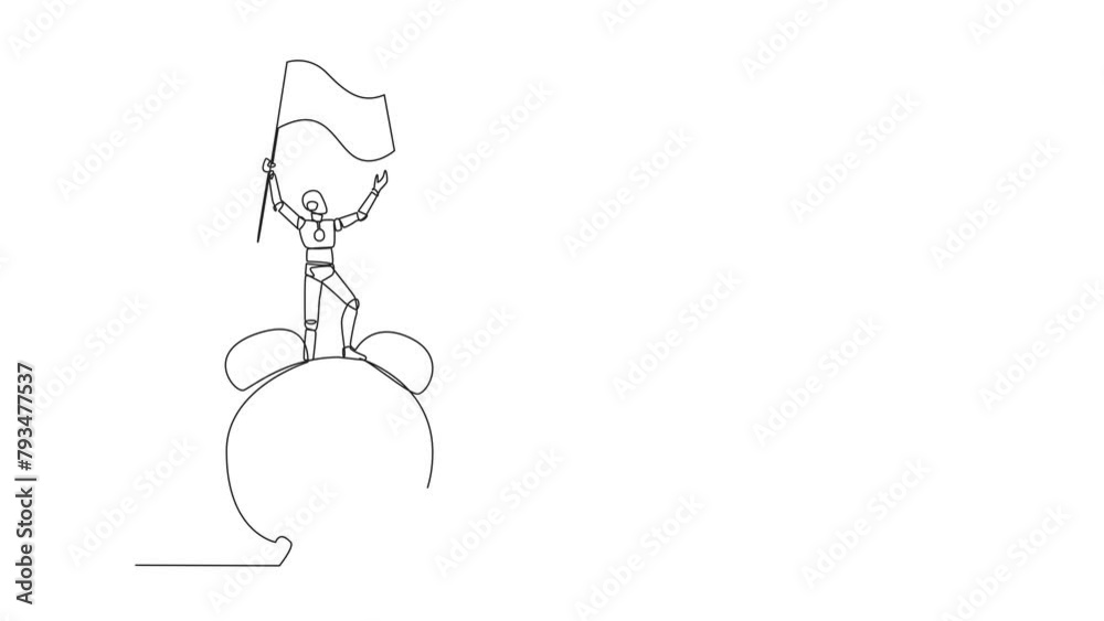 Poster animated self drawing of single continuous line drawing of robotic artificial intelligence standing 