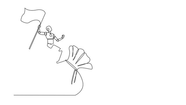 Animation of continuous one line drawing of robotic artificial intelligence standing on a giant money bag holding the fluttering flag. Future technology robot development. Full length motion