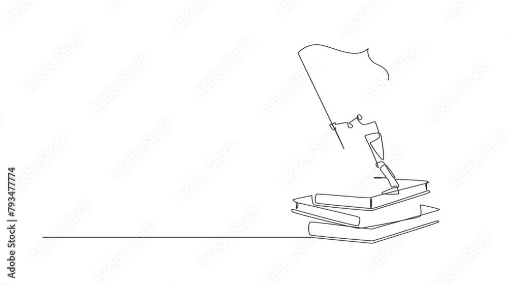Aufkleber animated self drawing of continuous one line drawing robots standing on stacks of giant books holdin