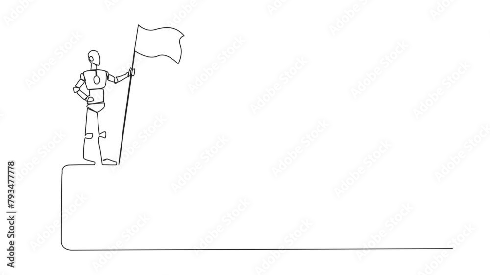 Poster animated self drawing of continuous one line drawing of robotic artificial intelligence standing on 